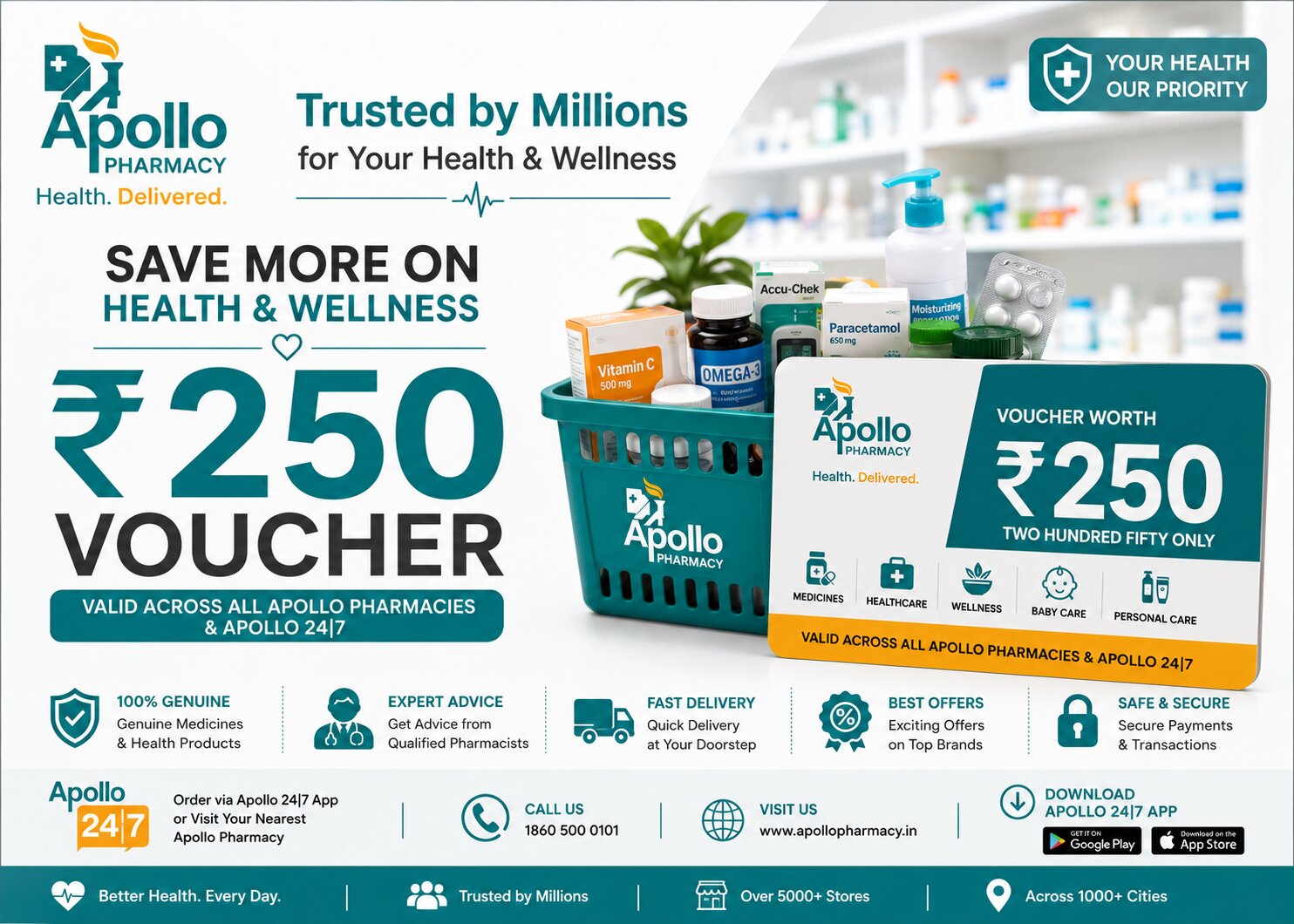 Apollo Pharmacy ₹250 voucher card with medicines and a stethoscope