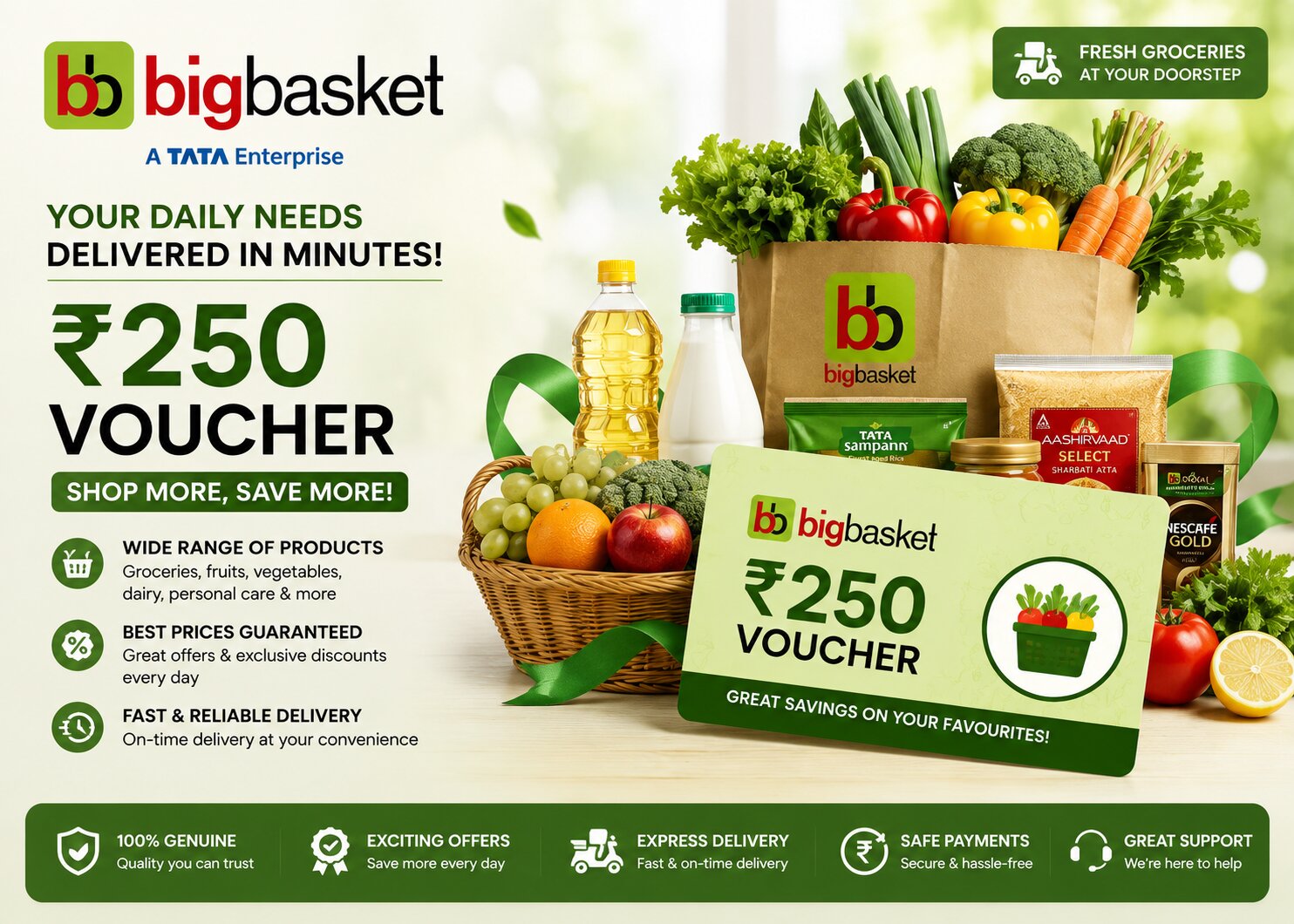 bigbasket ₹250 grocery gift card with fresh vegetables