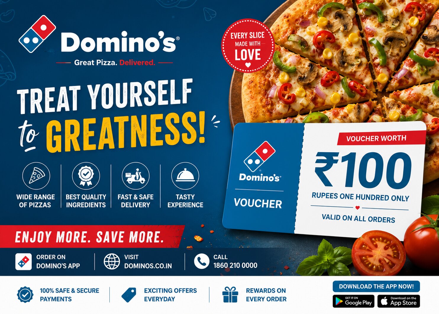 Domino's ₹100 pizza gift card next to a pizza