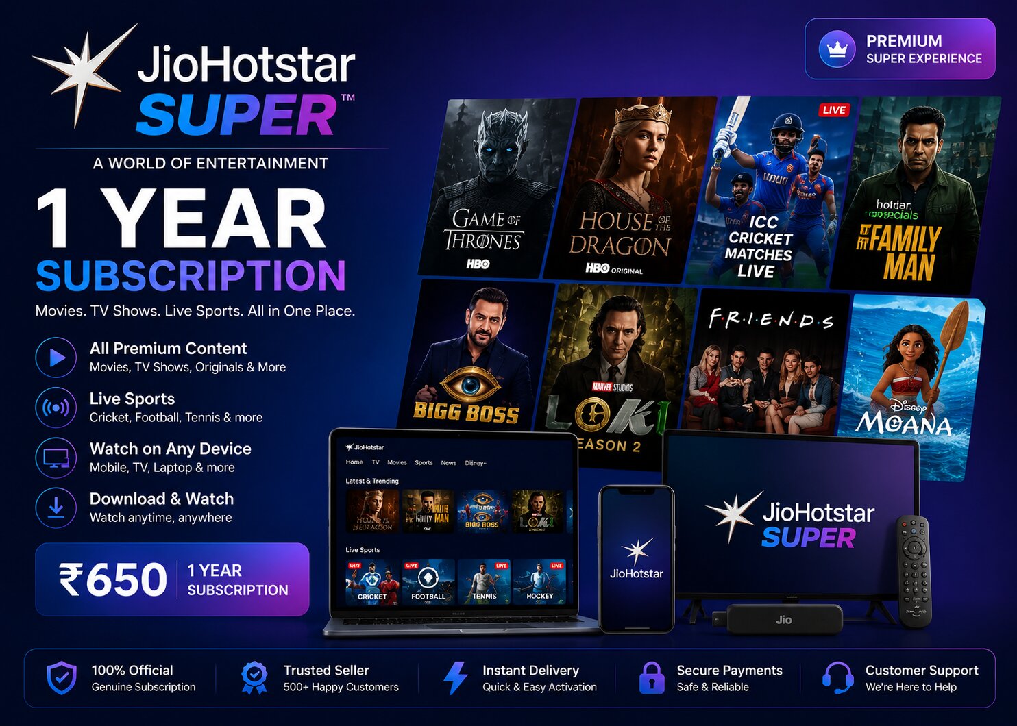 JioHotstar Super annual plan shown on a phone and tablet screen
