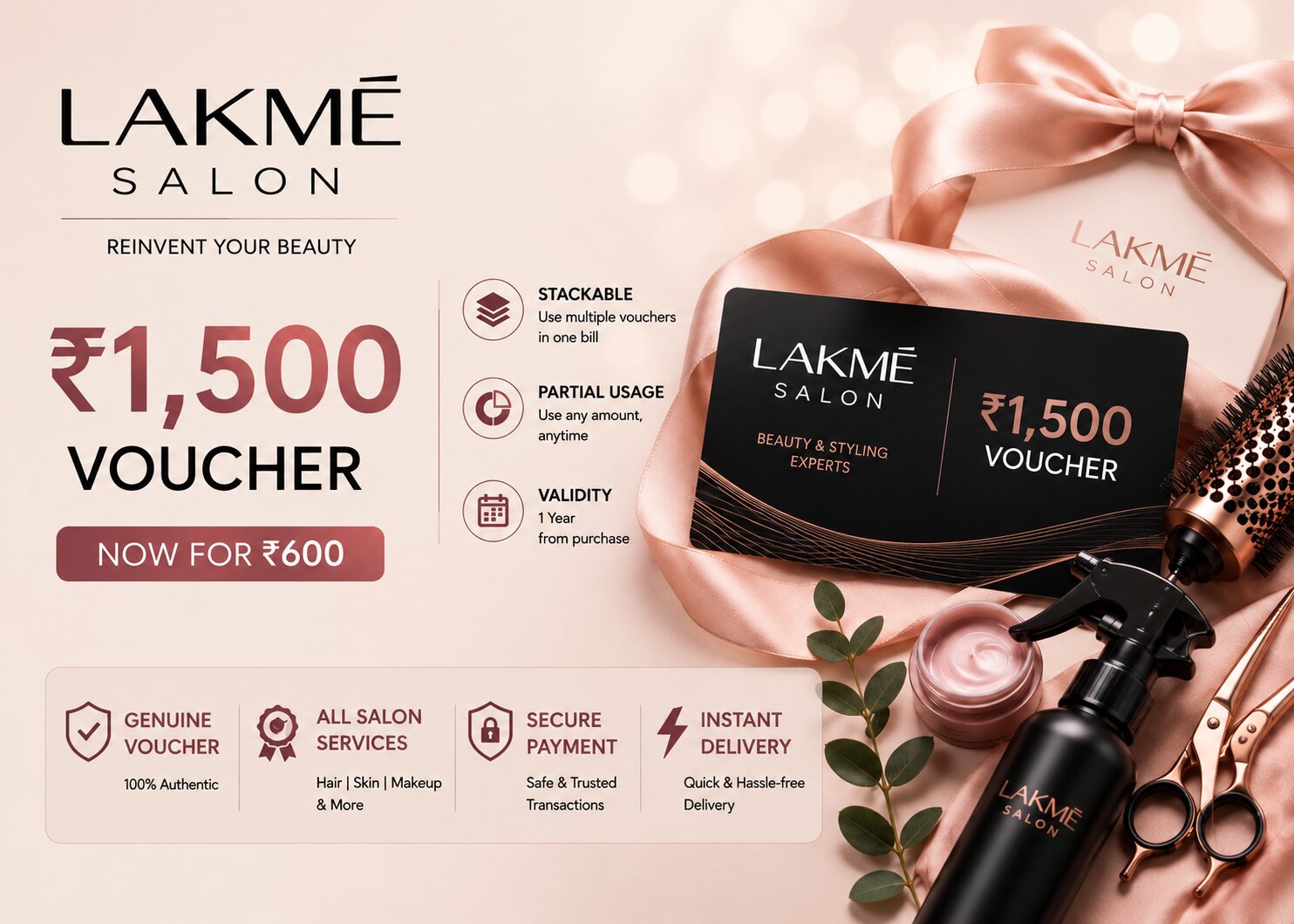 Salon gift voucher card on a marble surface with a towel and flowers